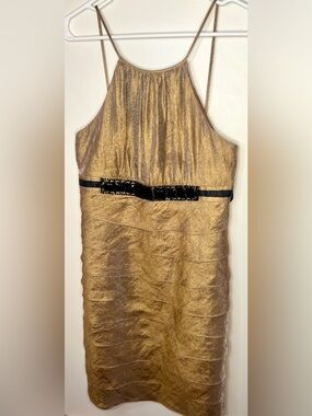 Vintage I.N. Studio Metallic Gold Halter Tiered Cocktail Dress Jeweled Waist 8